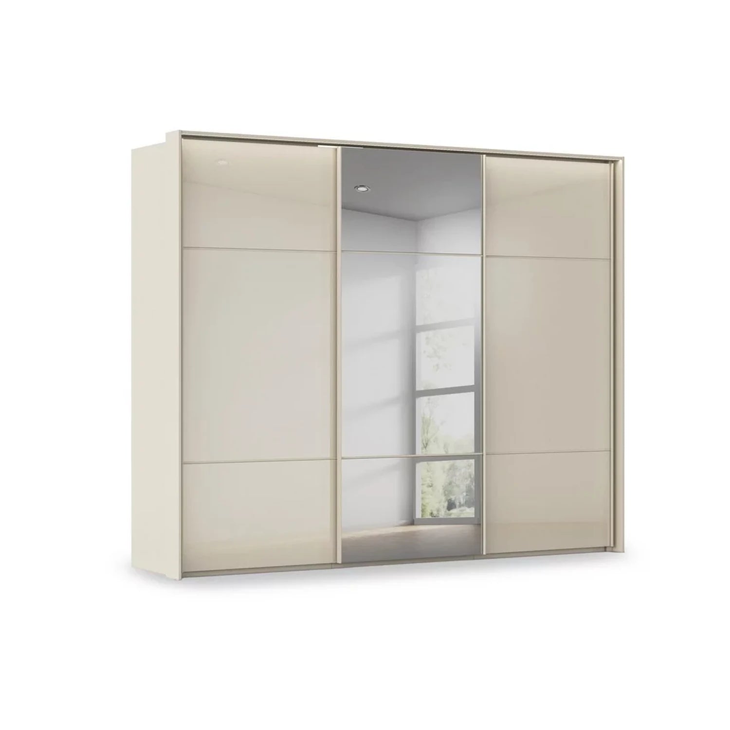 Rauch Heaven 3 Door Slider Wardrobe with 2 Glass Doors, 1 Mirror Door and Lights in Champagne