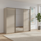 Rauch Heaven 270cm 3 Door Slider Wardrobe with 2 Glass Doors, 1 Mirror Door and Lights in Fango styled in a modern bedroom