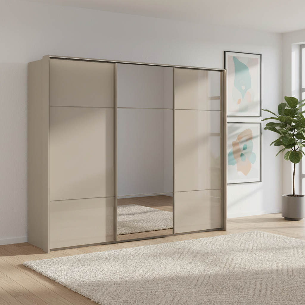 Rauch Heaven 270cm 3 Door Slider Wardrobe with 2 Glass Doors, 1 Mirror Door and Lights in Fango styled in a modern bedroom