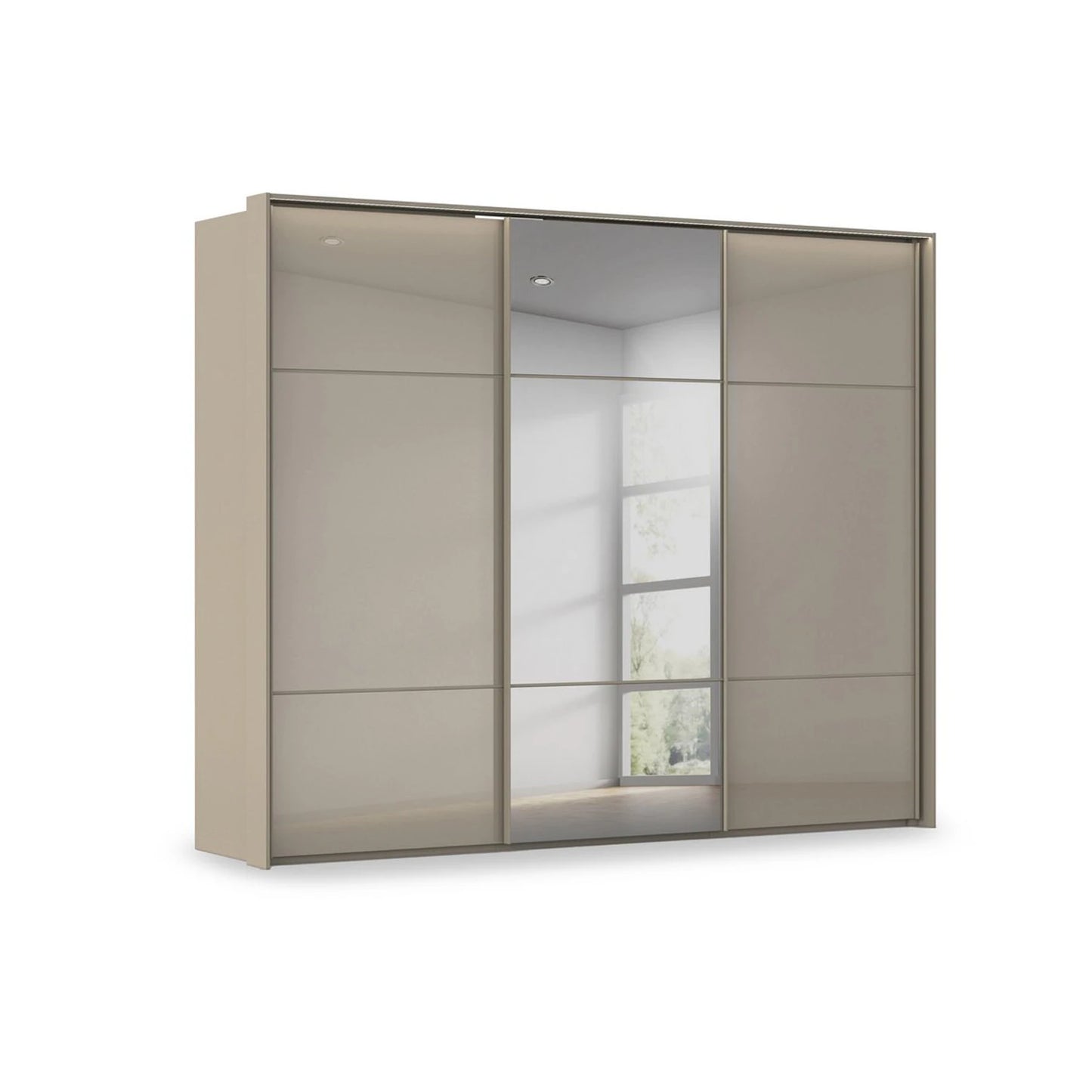 Rauch Heaven 3 Door Slider Wardrobe with 2 Glass Doors, 1 Mirror Door and Lights in Fango