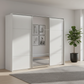 Rauch Heaven 270cm 3 Door Slider Wardrobe with 2 Glass Doors, 1 Mirror Door and Lights in Silk Grey styled in a modern bedroom
