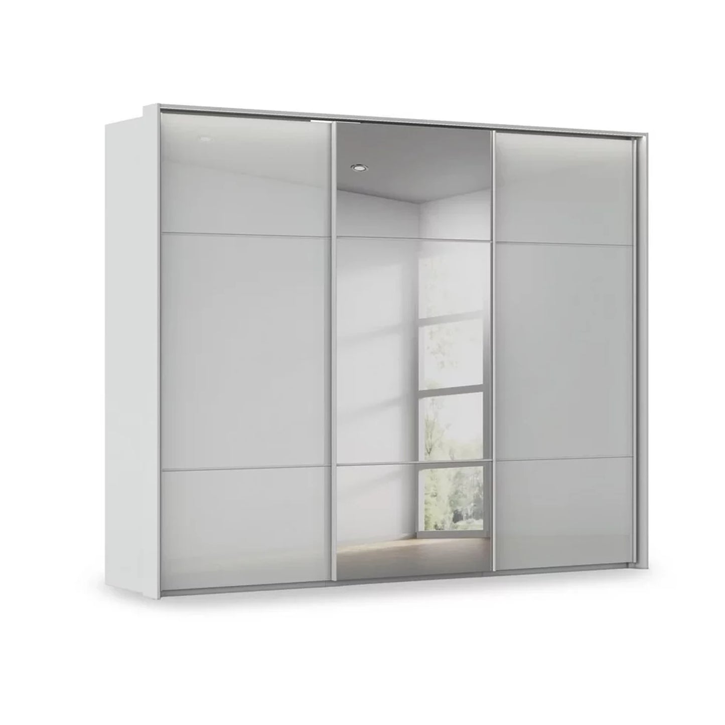 Rauch Heaven 3 Door Slider Wardrobe with 2 Glass Doors, 1 Mirror Door and Lights in Silk Grey