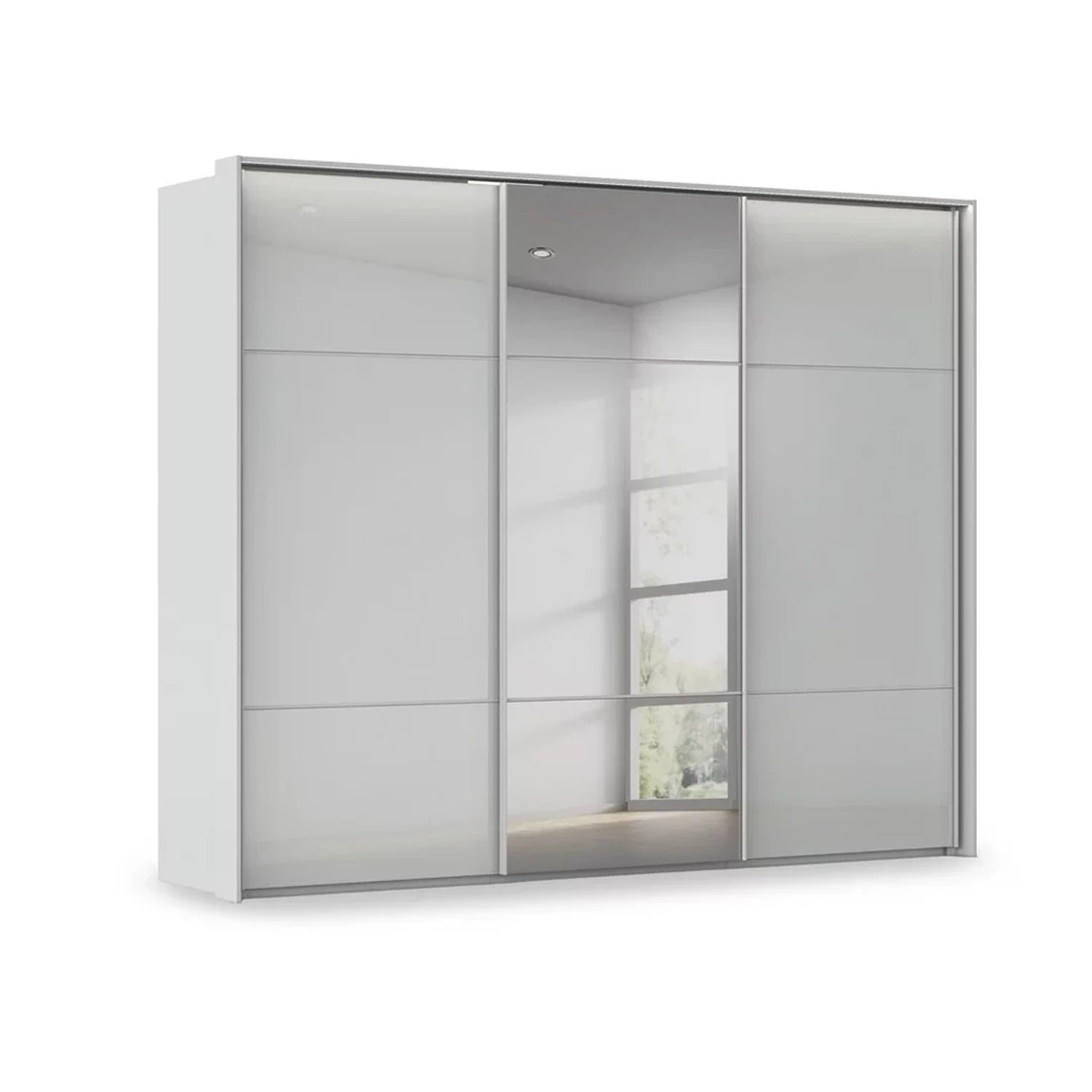 Rauch Heaven 3 Door Slider Wardrobe with 2 Glass Doors, 1 Mirror Door and Lights in Silk Grey
