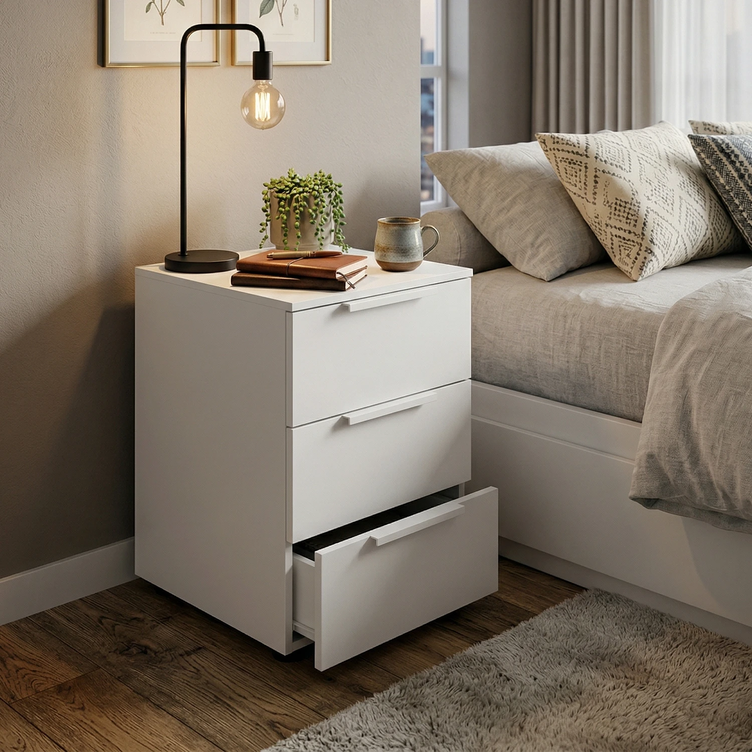 Rauch Heaven 3 Drawer Décor Bedside Cabinet - Styled in a Bedroom