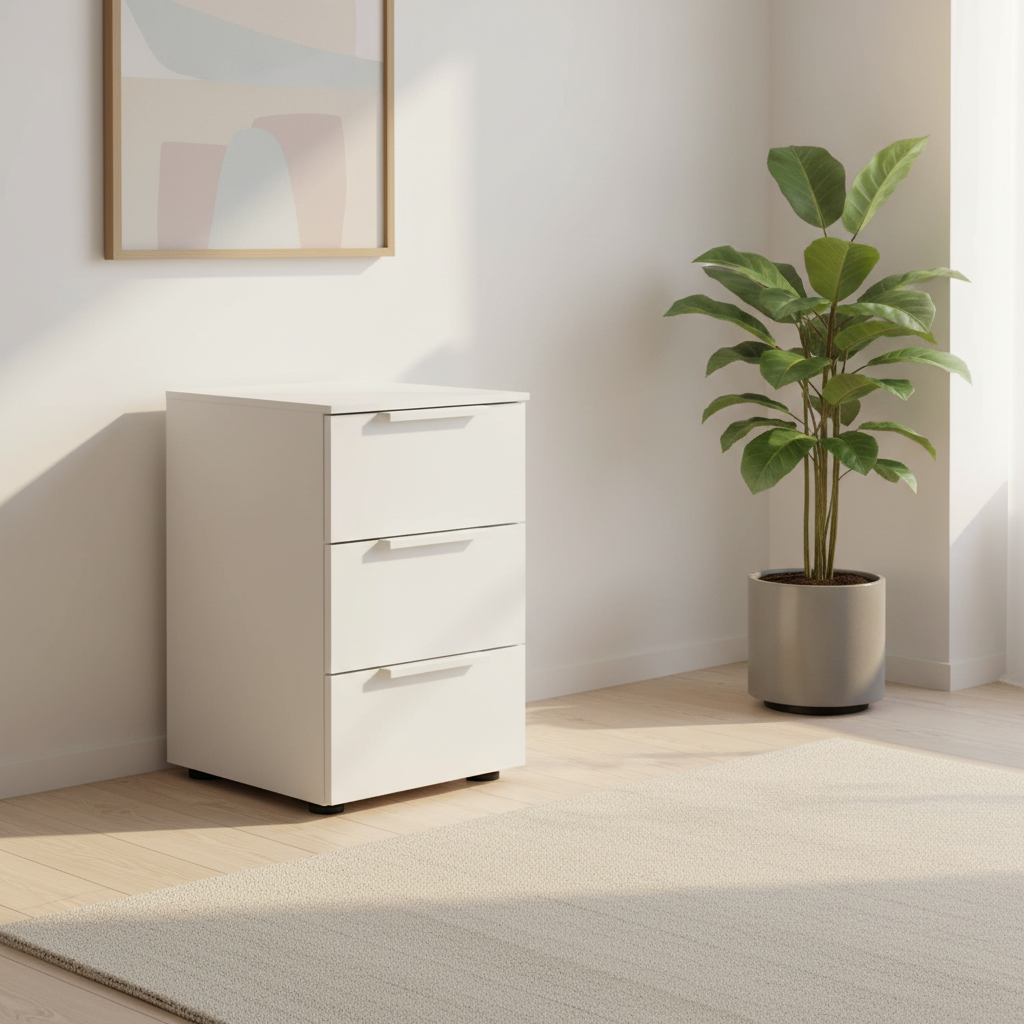 Rauch Heaven 3 Drawer Décor Bedside Cabinet in Alpine White styled in a modern room