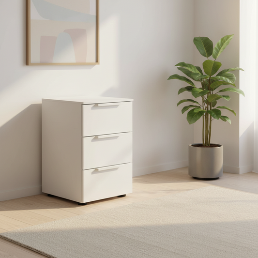 Rauch Heaven 3 Drawer Décor Bedside Cabinet in Alpine White styled in a modern room