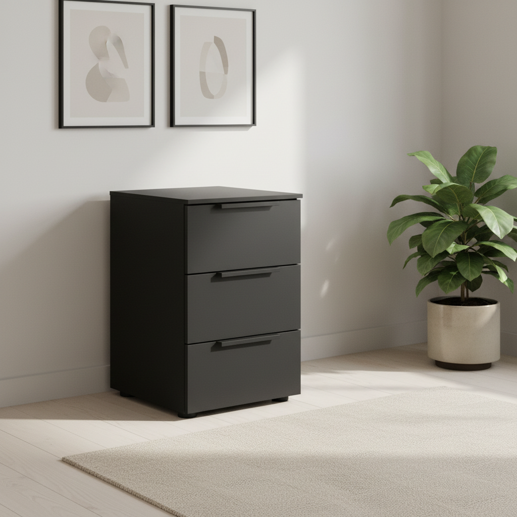 Rauch Heaven 3 Drawer Décor Bedside Cabinet in Black in a modern room