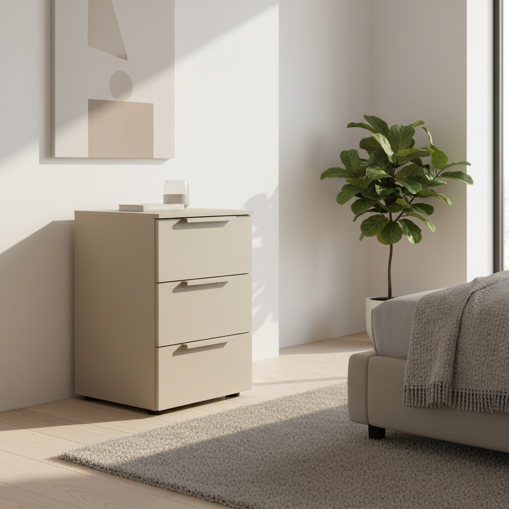 Rauch Heaven 3 Drawer Décor Bedside Cabinet in Fango styled in a modern room