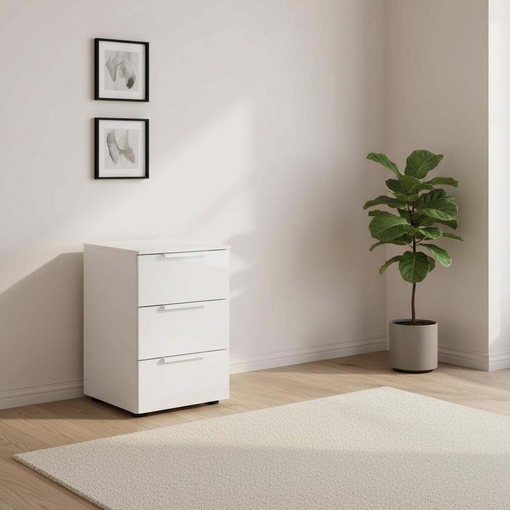 Rauch Heaven 3 Drawer Bedside Cabinet with Glass Front in Alpine White styled in a modern room