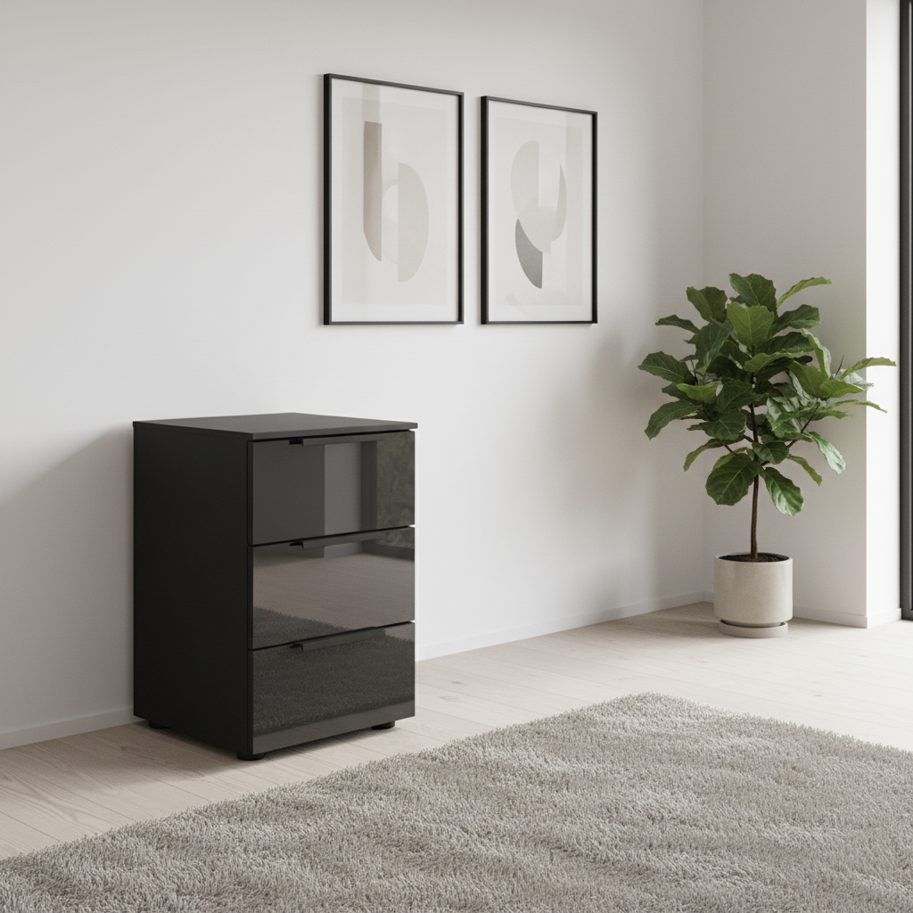 Rauch Heaven 3 Drawer Bedside Cabinet with Glass Front in Black styled in a modern room