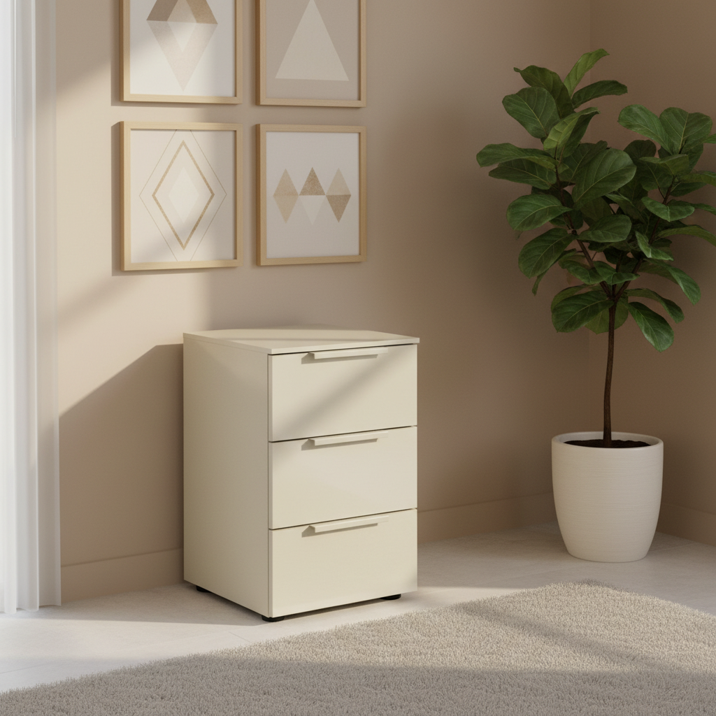 Rauch Heaven 3 Drawer Bedside Cabinet with Glass Front in Champagne styled in a modern room