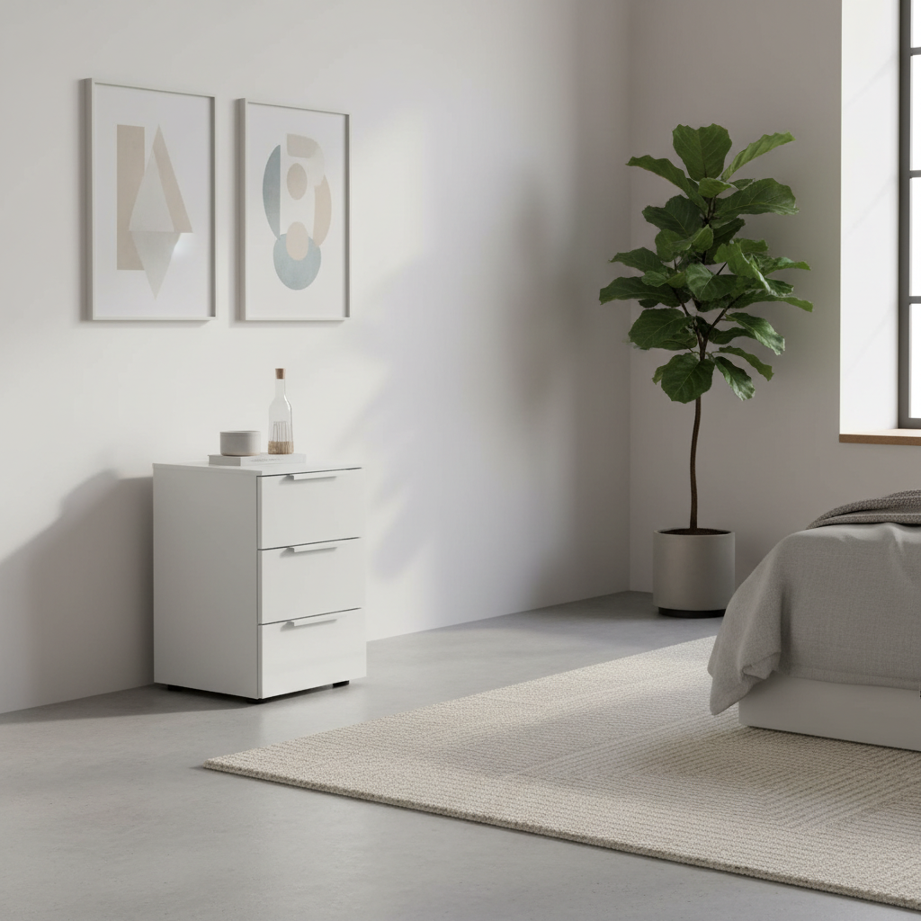 Rauch Heaven 3 Drawer Bedside Cabinet with Glass Top and Front in Silk Grey styled in a modern room
