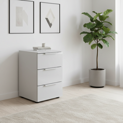 Rauch Heaven 3 Drawer Bedside Cabinet with Glass Front in Silk Grey styled in a modern room