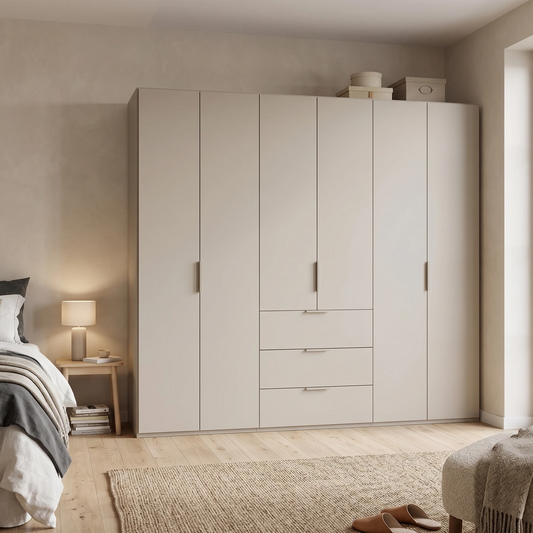 Rauch Haven 6 Door Combi Wardrobe with Décor Doors - Styled in a Bedroom