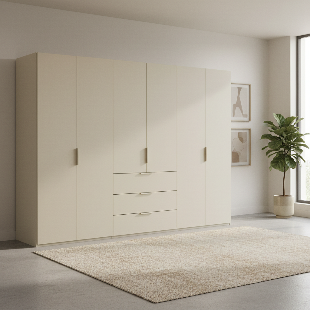 Rauch Heaven 300cm 6 Door Combi Wardrobe with Décor Doors in Champagne styled in a modern bedroom