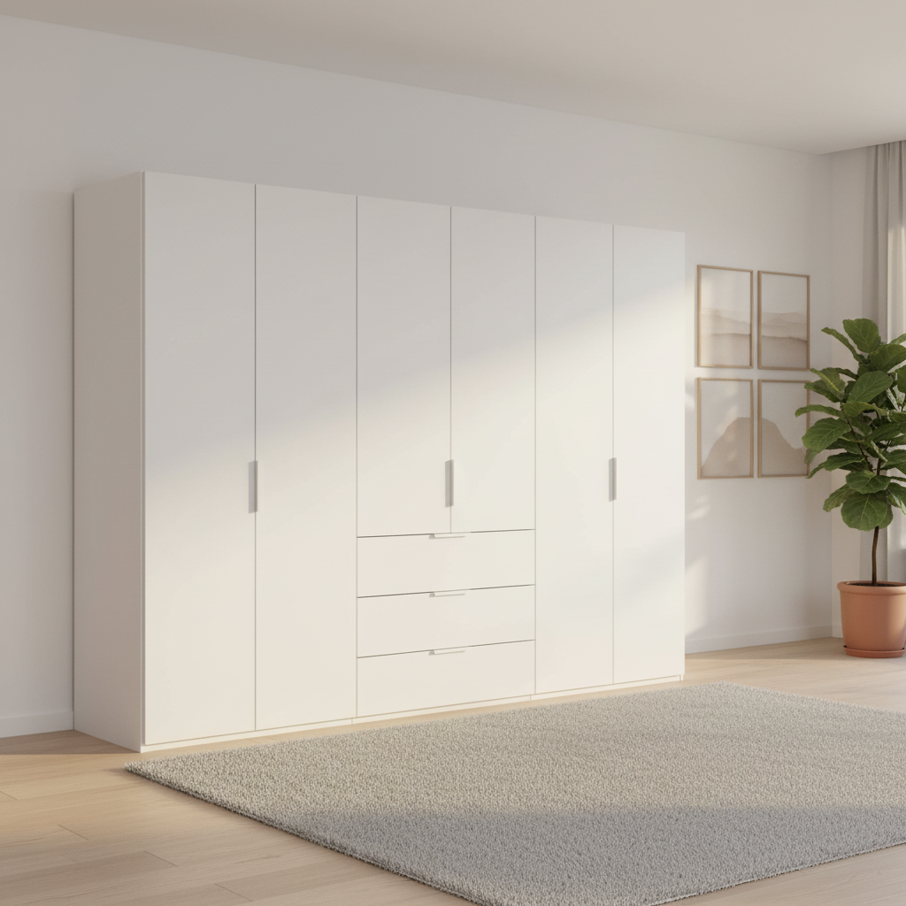 Rauch Heaven 300cm 6 Door Combi Wardrobe with Décor Doors in Alpine White styled in a modern bedroom