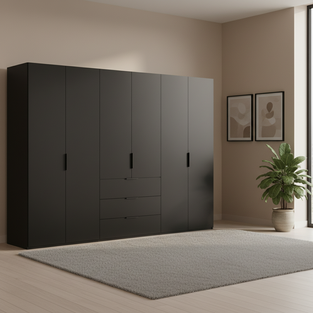 Rauch Heaven 300cm 6 Door Combi Wardrobe with Décor Doors in Black styled in a modern bedroom