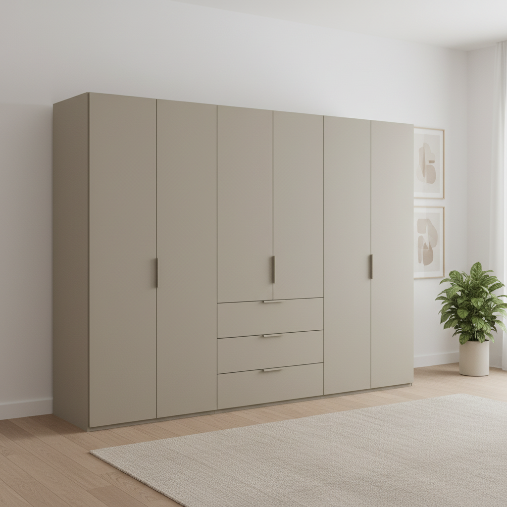 Rauch Heaven 300cm 6 Door Combi Wardrobe with Décor Doors in Fango styled in a modern bedroom