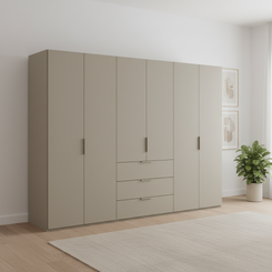 Rauch Heaven 300cm 6 Door Combi Wardrobe with Décor Doors in Fango styled in a modern bedroom