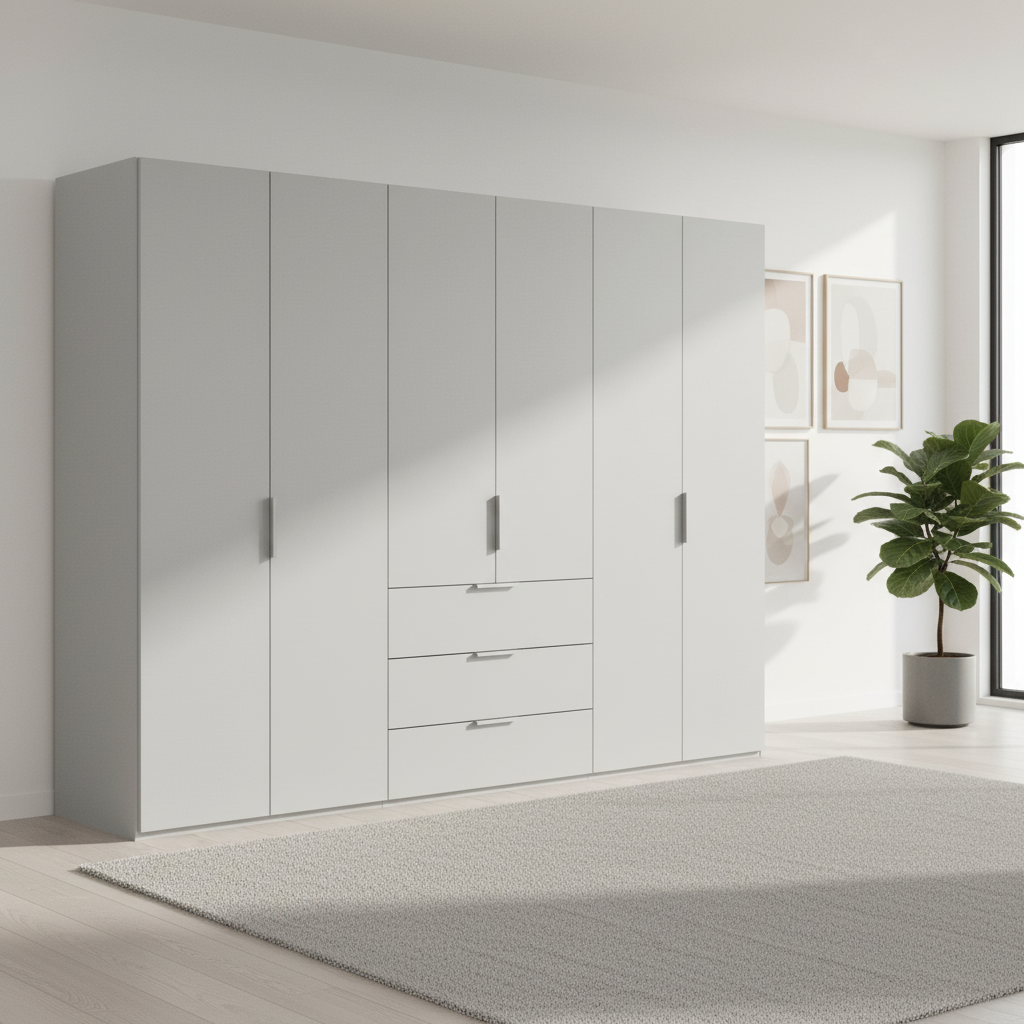 Rauch Heaven 300cm 6 Door Combi Wardrobe with Décor Doors in Silk Grey styled in a modern bedroom