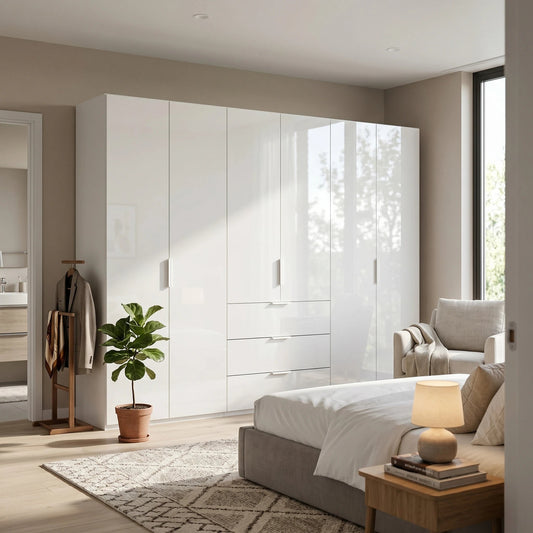 Rauch Haven 301cm 6 Door Combi Wardrobe with Glass Doors - Styled in a Bedroom