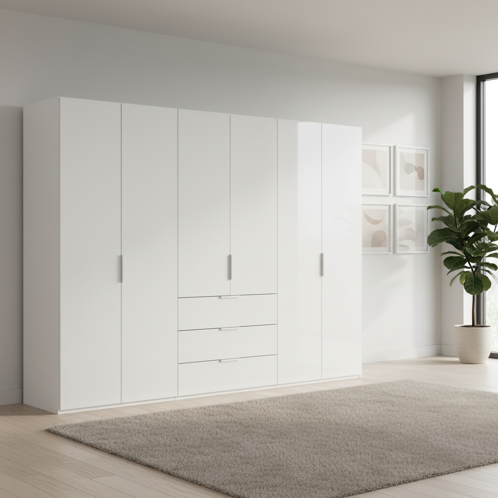 Rauch Heaven 300cm 6 Door Combi Wardrobe with Glass Doors in Alpine White styled in a modern bedroom