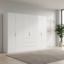Rauch Heaven 300cm 6 Door Combi Wardrobe with Glass Doors in Alpine White styled in a modern bedroom