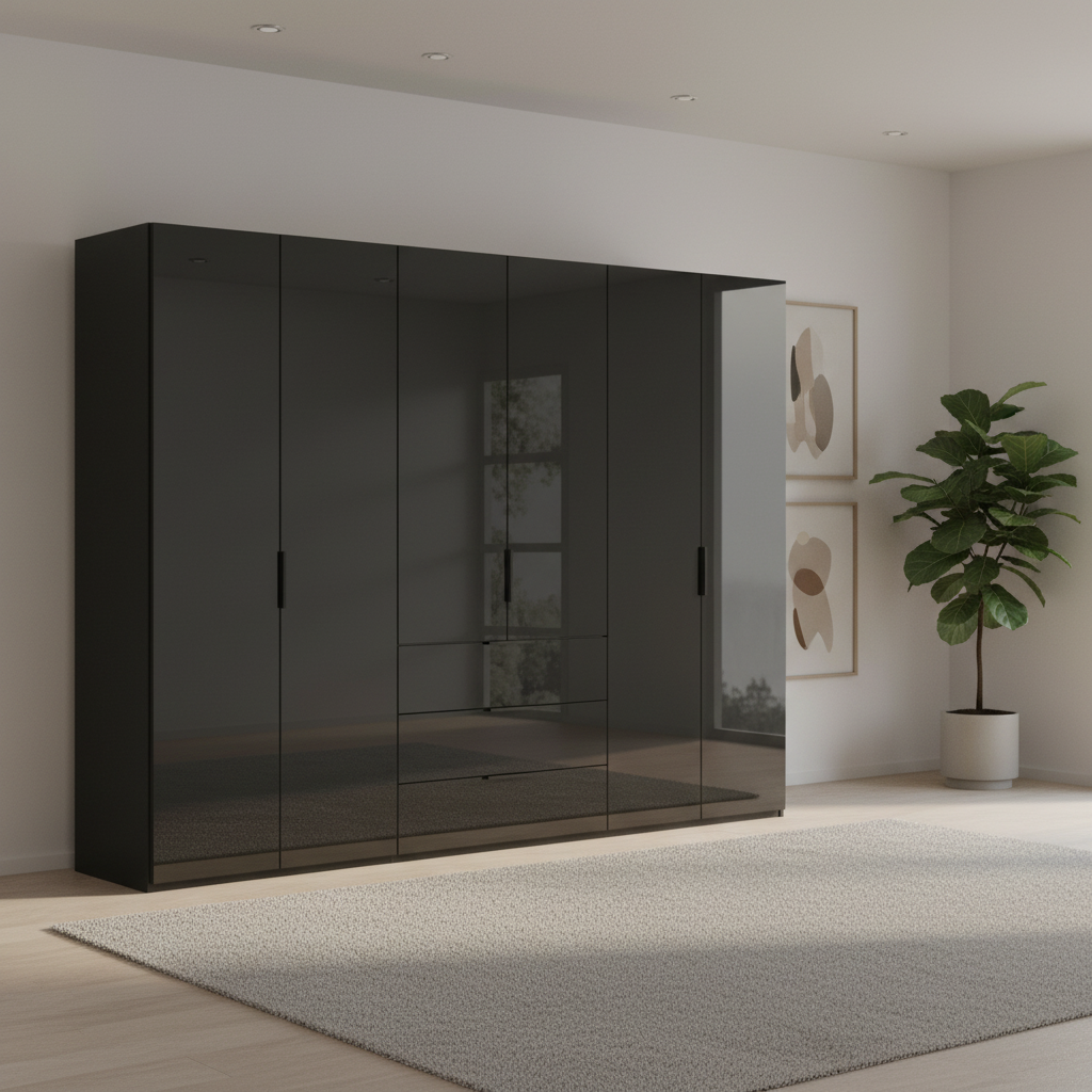 Rauch Heaven 300cm 6 Door Combi Wardrobe with Glass Doors in Black styled in a modern bedroom