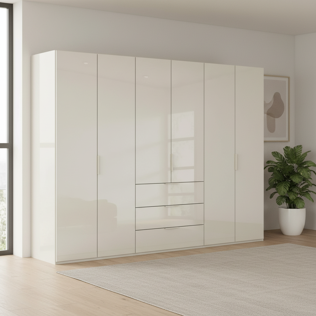 Rauch Heaven 300cm 6 Door Combi Wardrobe with Glass Doors in Champagne styled in a modern bedroom