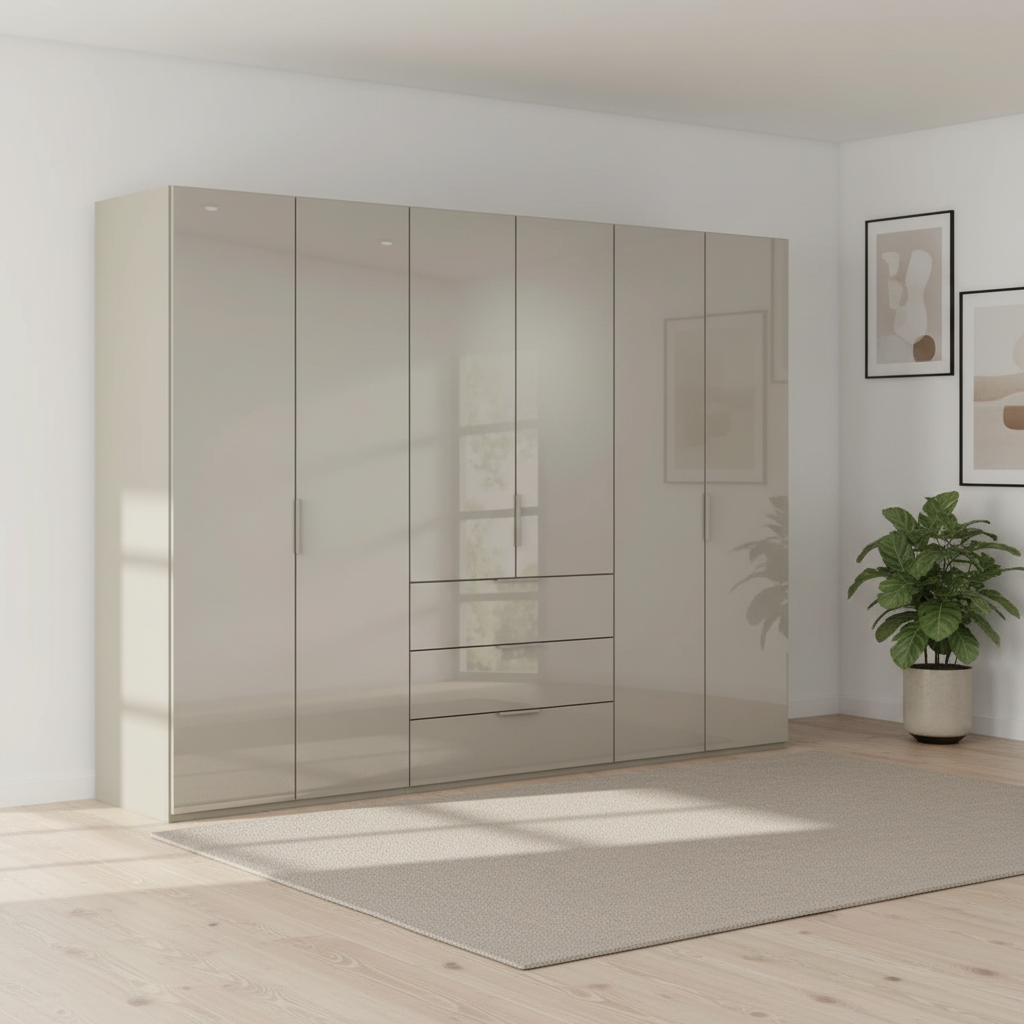 Rauch Heaven 300cm 6 Door Combi Wardrobe with Glass Doors in Fango styled in a modern bedroom