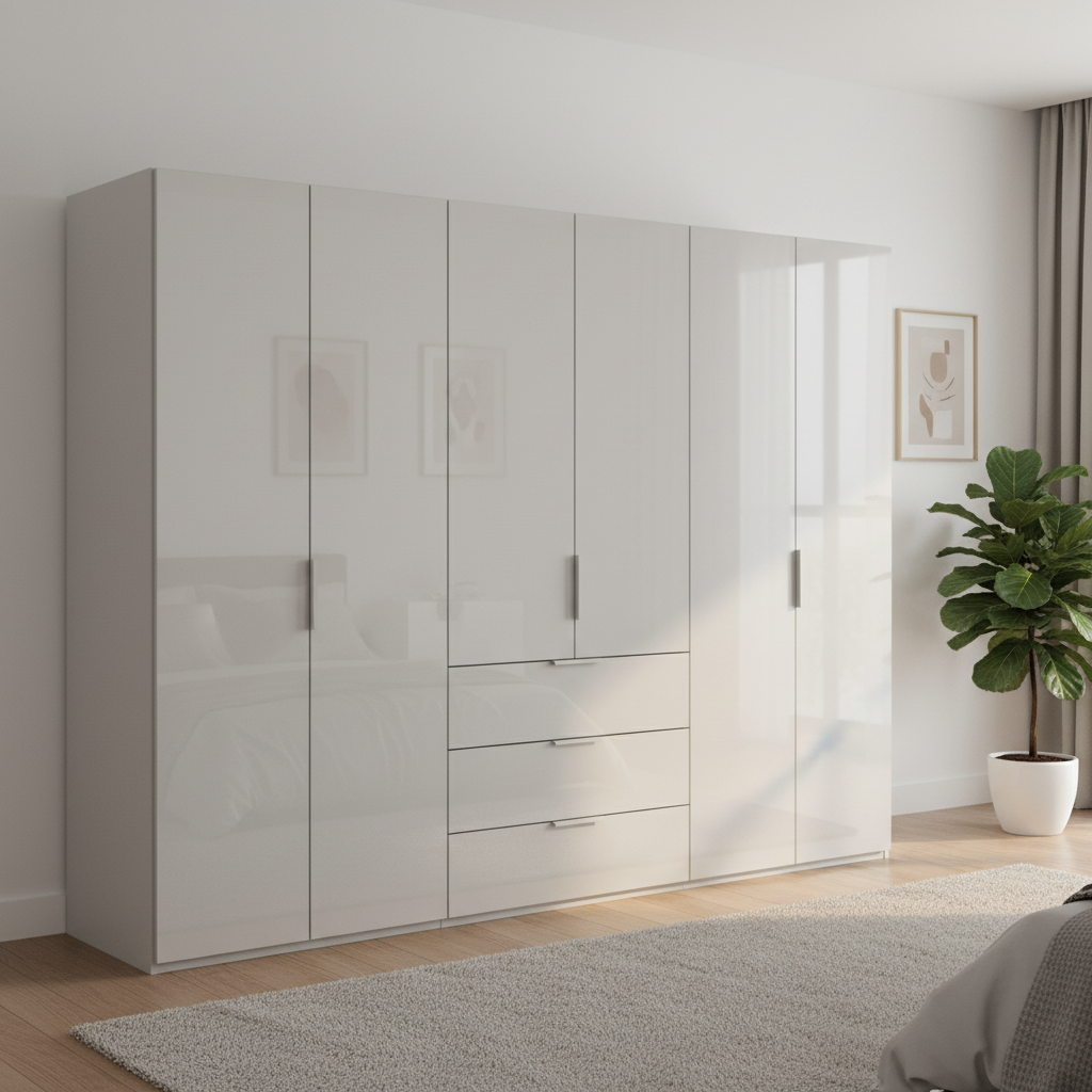 Rauch Heaven 300cm 6 Door Combi Wardrobe with Glass Doors in Silk Grey styled in a modern bedroom