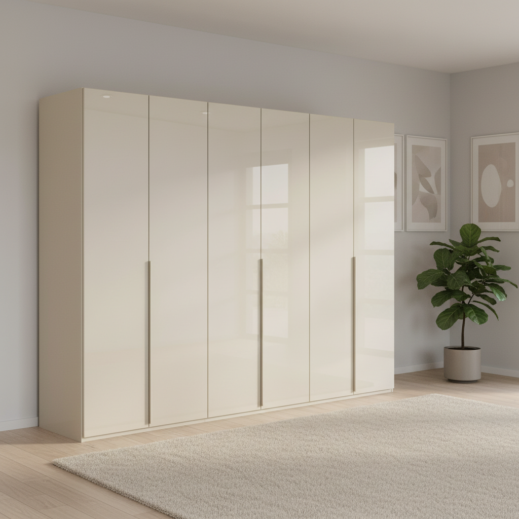 Rauch Heaven 300cm 6 Door Hinged Wardrobe with Glass Doors in Champagne styled in a modern bedroom