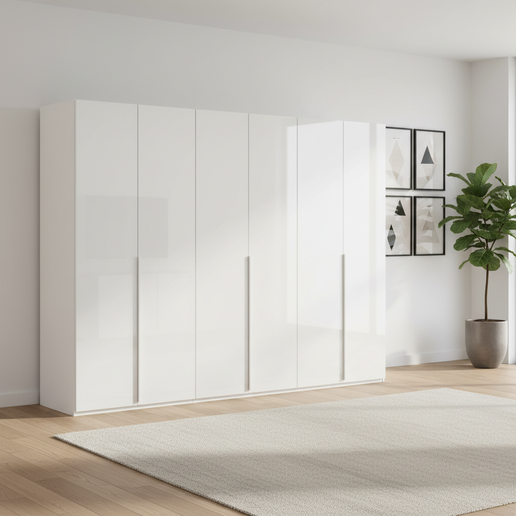 Rauch Heaven 300cm 6 Door Hinged Wardrobe with Glass Doors in Alpine White styled in a modern bedroom