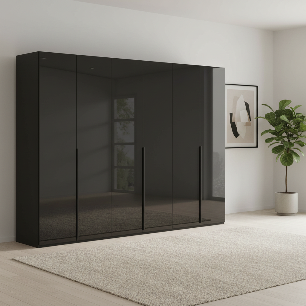 Rauch Heaven 300cm 6 Door Hinged Wardrobe with Glass Doors in Black styled in a modern bedroom