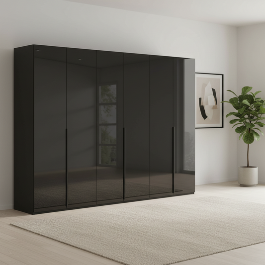 Rauch Heaven 300cm 6 Door Hinged Wardrobe with Glass Doors in Black styled in a modern bedroom
