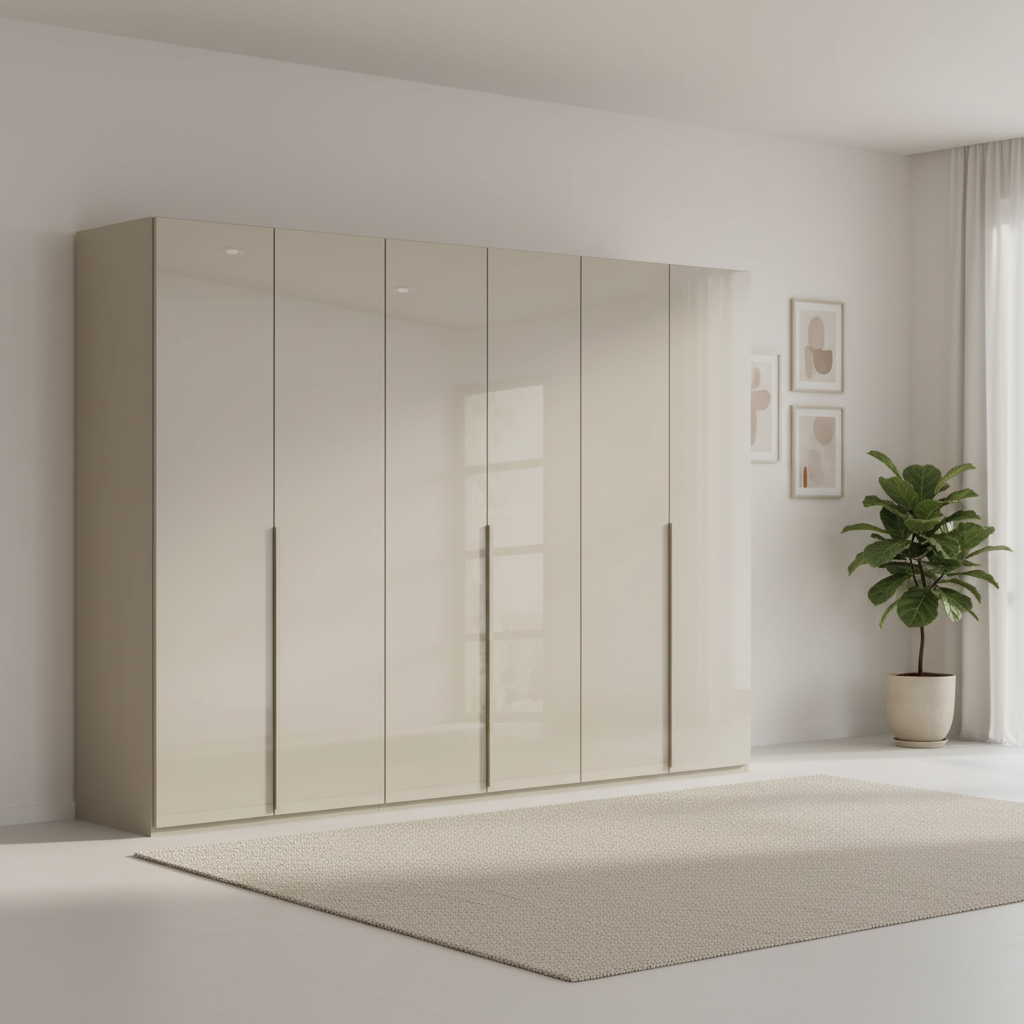 Rauch Heaven 300cm 6 Door Hinged Wardrobe with Glass Doors in Fango styled in a modern bedroom