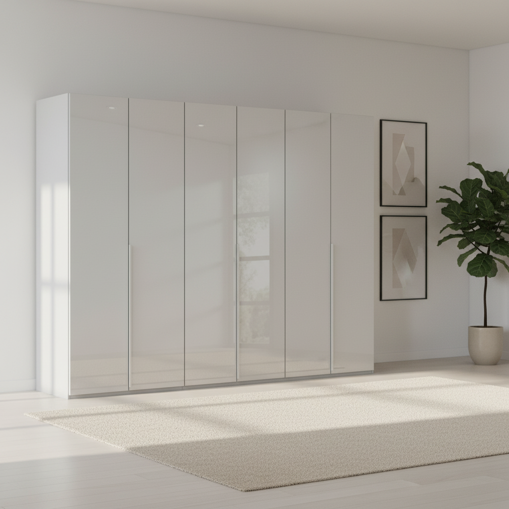 Rauch Heaven 300cm 6 Door Hinged Wardrobe with Glass Doors in Silk Grey styled in a modern bedroom