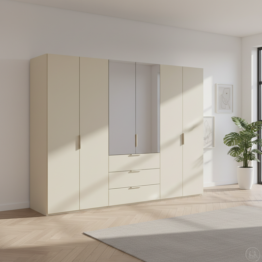 Rauch Heaven 300cm 6 Door Combi Décor Wardrobe with 4 Décor Doors and 2 Mirror Doors in Champagne styled in a modern bedroom