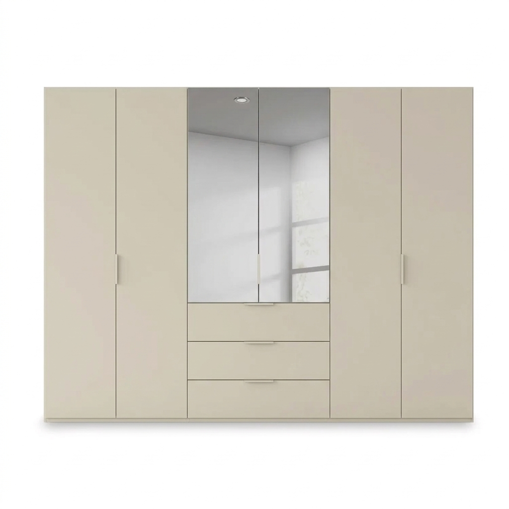 Rauch Haven 6 Door Combi Décor Wardrobe with 4 Décor Doors and 2 Mirror Doors in Champagne - Front view