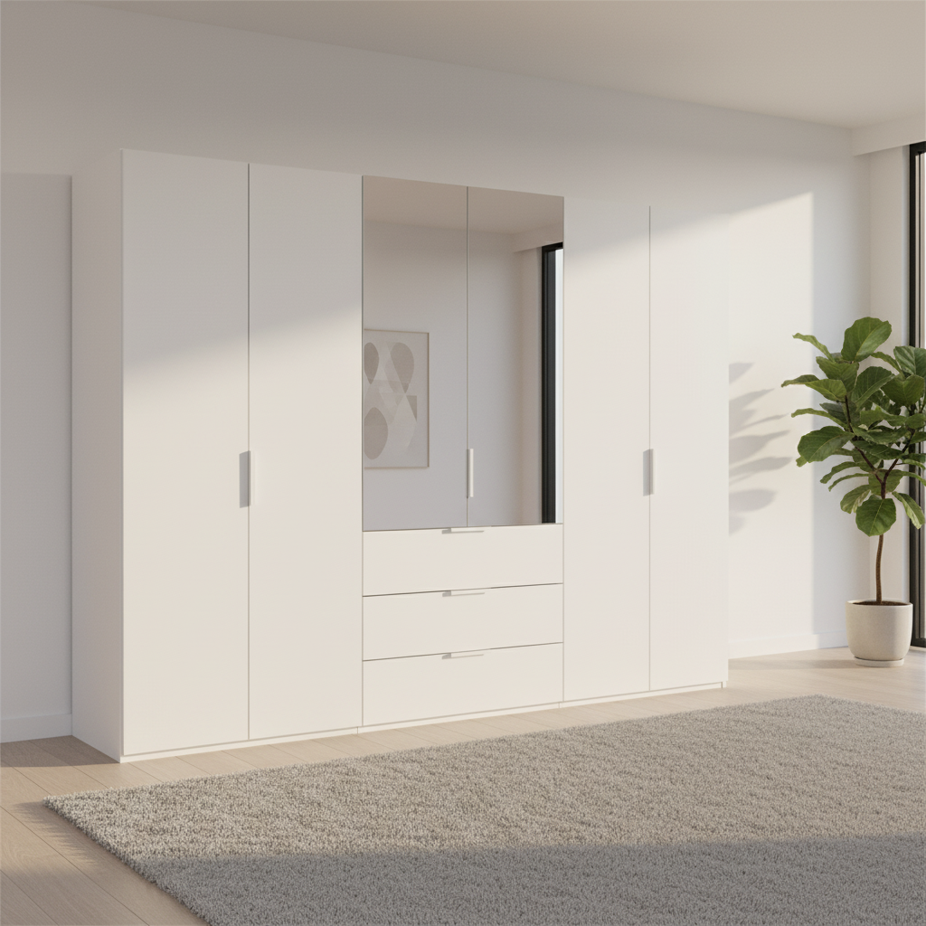 Rauch Heaven 300cm 6 Door Combi Décor Wardrobe with 4 Décor Doors and 2 Mirror Doors in Alpine White styled in a modern bedroom