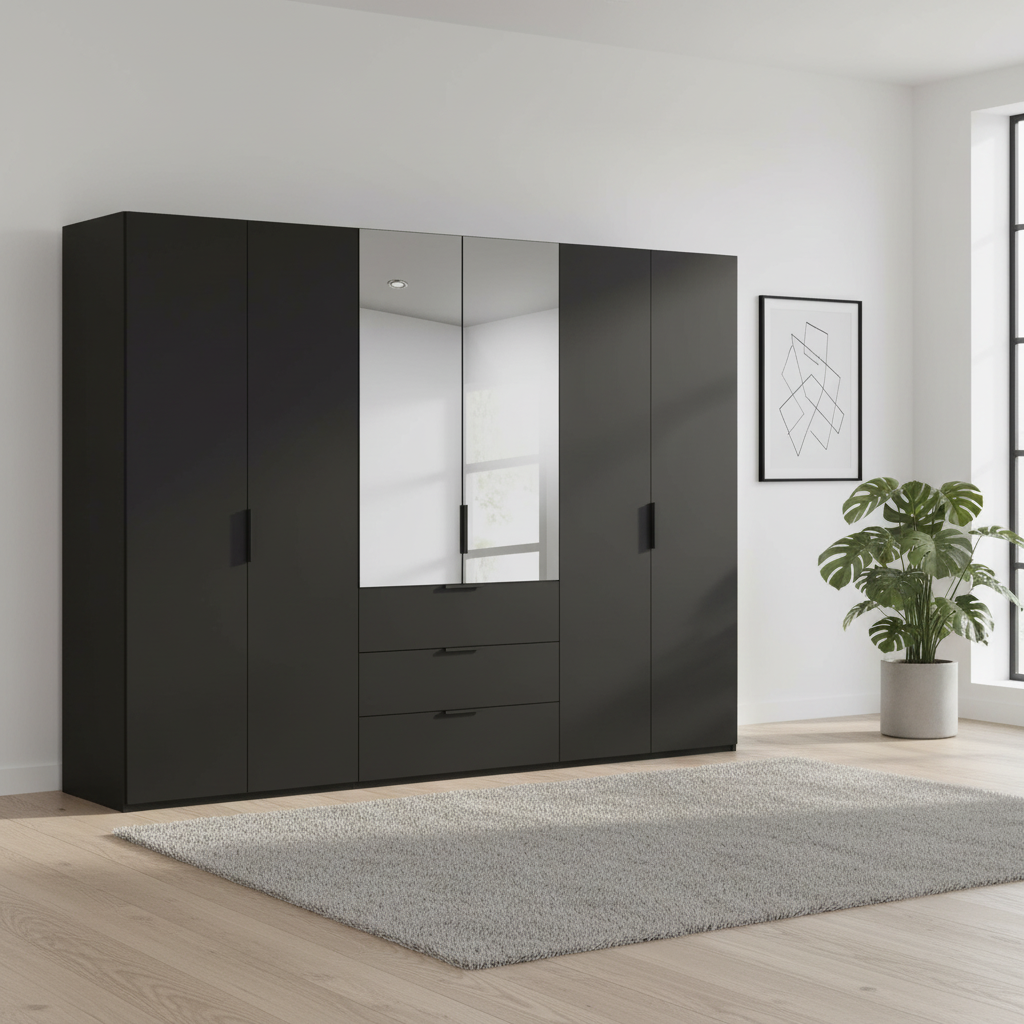 Rauch Heaven 300cm 6 Door Combi Décor Wardrobe with 4 Décor Doors and 2 Mirror Doors in Black styled in a modern bedroom