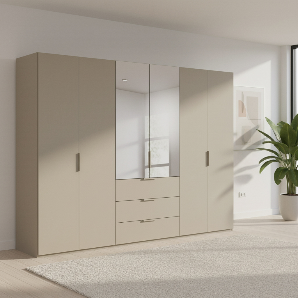 Rauch Heaven 300cm 6 Door Combi Décor Wardrobe with 4 Décor Doors and 2 Mirror Doors in Fango styled in a modern bedroom