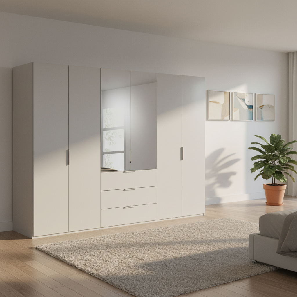 Rauch Heaven 300cm 6 Door Combi Décor Wardrobe with 4 Décor Doors and 2 Mirror Doors in Silk Grey styled in a modern bedroom