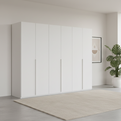 Rauch Heaven 300cm 6 Door Hinged Wardrobe with Décor Doors in Alpine White styled in a modern bedroom