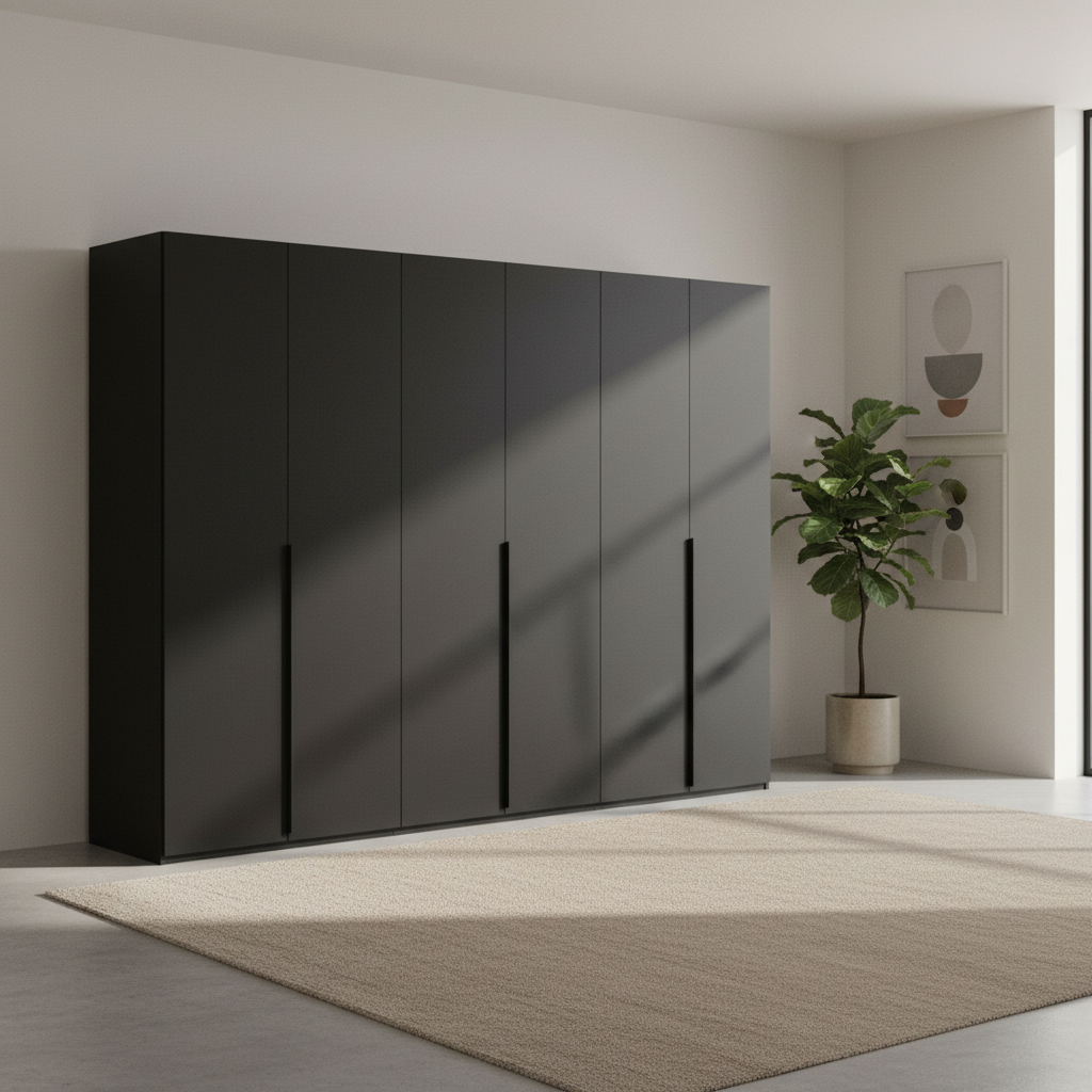 Rauch Heaven 300cm 6 Door Hinged Wardrobe with Décor Doors in Black styled in a modern bedroom