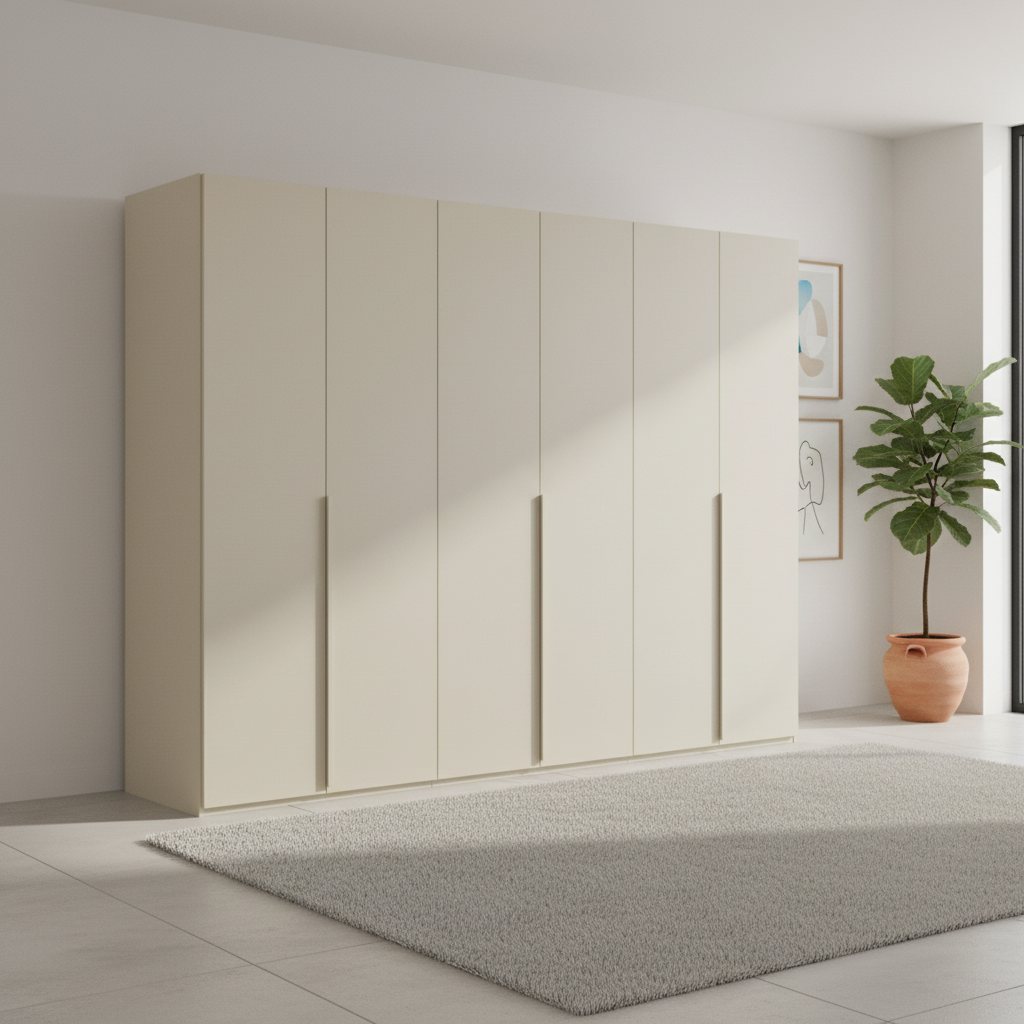Rauch Heaven 300cm 6 Door Hinged Wardrobe with Décor Doors in Champagne styled in a modern bedroom