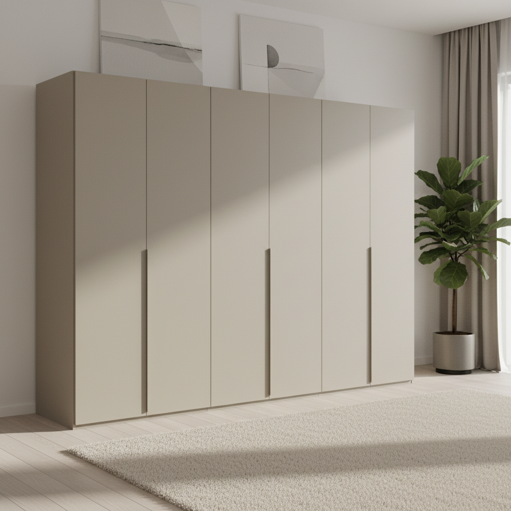 Rauch Heaven 300cm 6 Door Hinged Wardrobe with Décor Doors in Fango styled in a modern bedroom