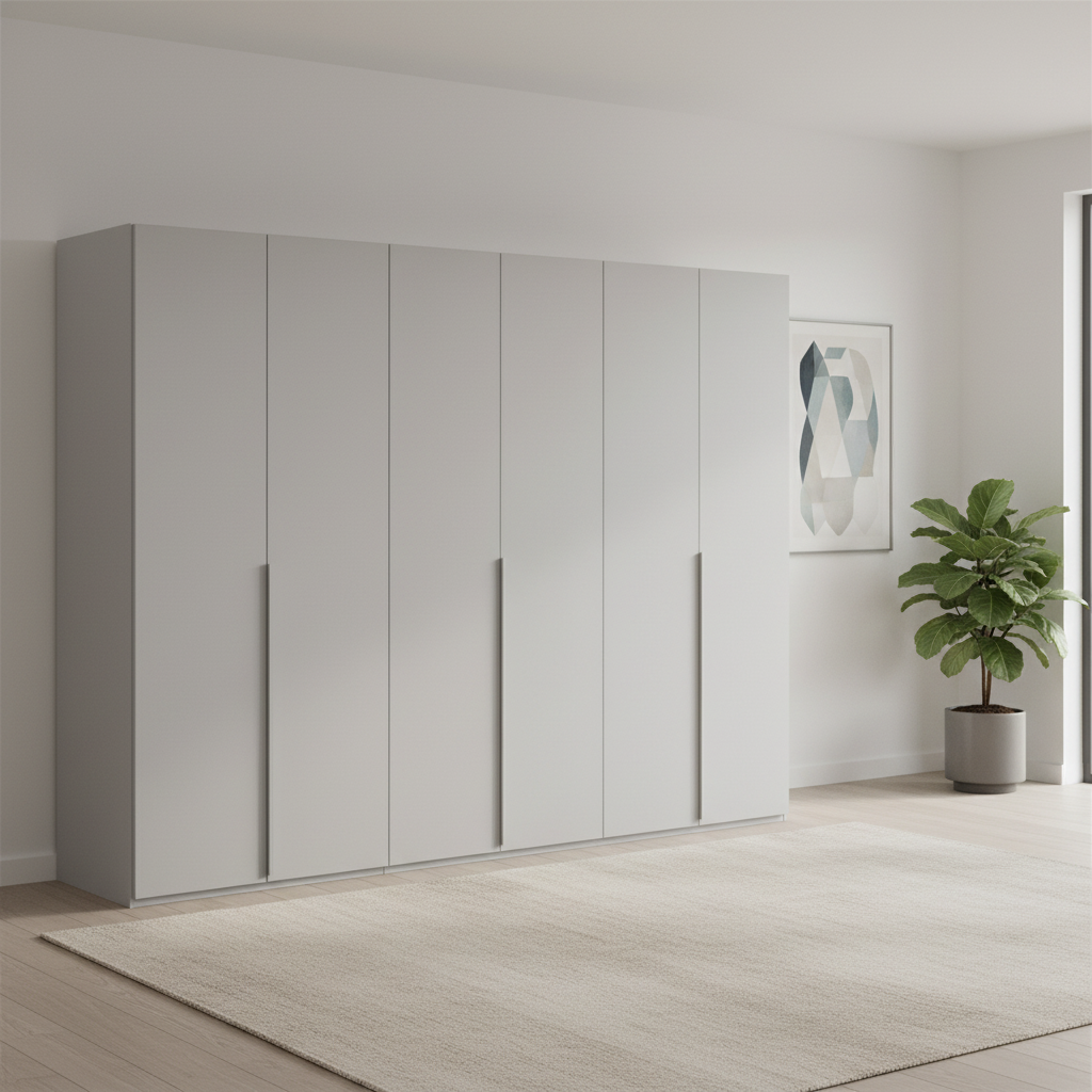 Rauch Heaven 300cm 6 Door Hinged Wardrobe with Décor Doors in Silk Grey styled in a modern bedroom