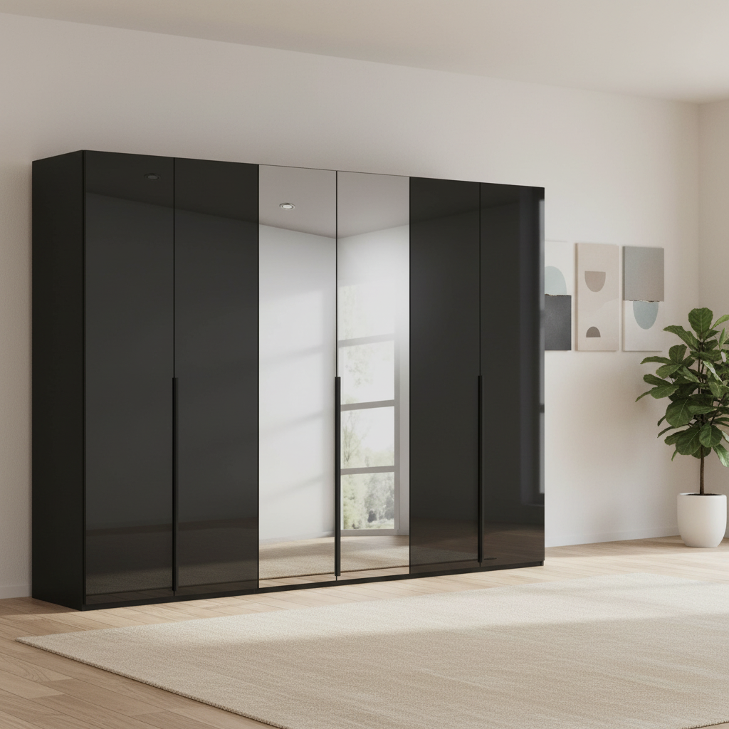 Rauch Heaven 300cm 6 Door Hinged Wardrobe with 4 Glass Doors and 2 Mirror Doors in Black styled in a modern bedroom