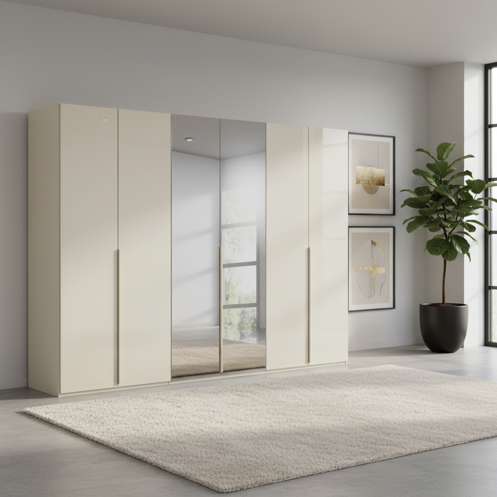 Rauch Heaven 300cm 6 Door Hinged Wardrobe with 4 Glass Doors and 2 Mirror Doors in Champagne styled in a modern bedroom